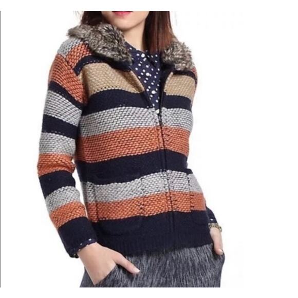 Anthropologie Sweaters - Anthro Sparrow Latitudes‎ Full Zip Faux Fur Sweater Wool Blend Stripes S (2766)